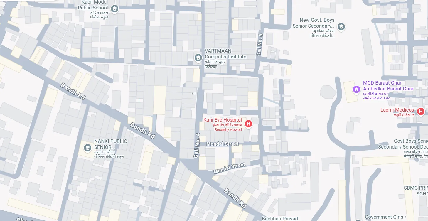 Street map showing Kunj Eye Hospital on Gali No. 4, just north of Mondal Street and Bandh Road in Sangam Vihar